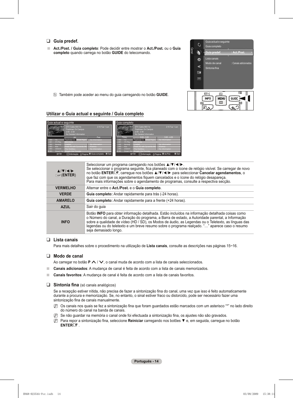 Guia predef, Utilizar o guia actual e seguinte / guia completo, Lista canais | Modo de canal, Sintonia fina | Samsung PS50B450B1W User Manual | Page 250 / 357