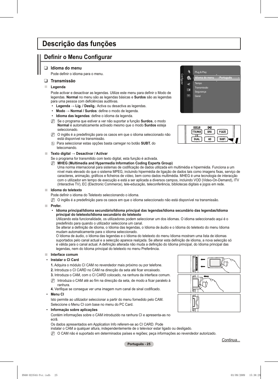 Descrição das funções, Definir o menu configurar | Samsung PS50B450B1W User Manual | Page 261 / 357