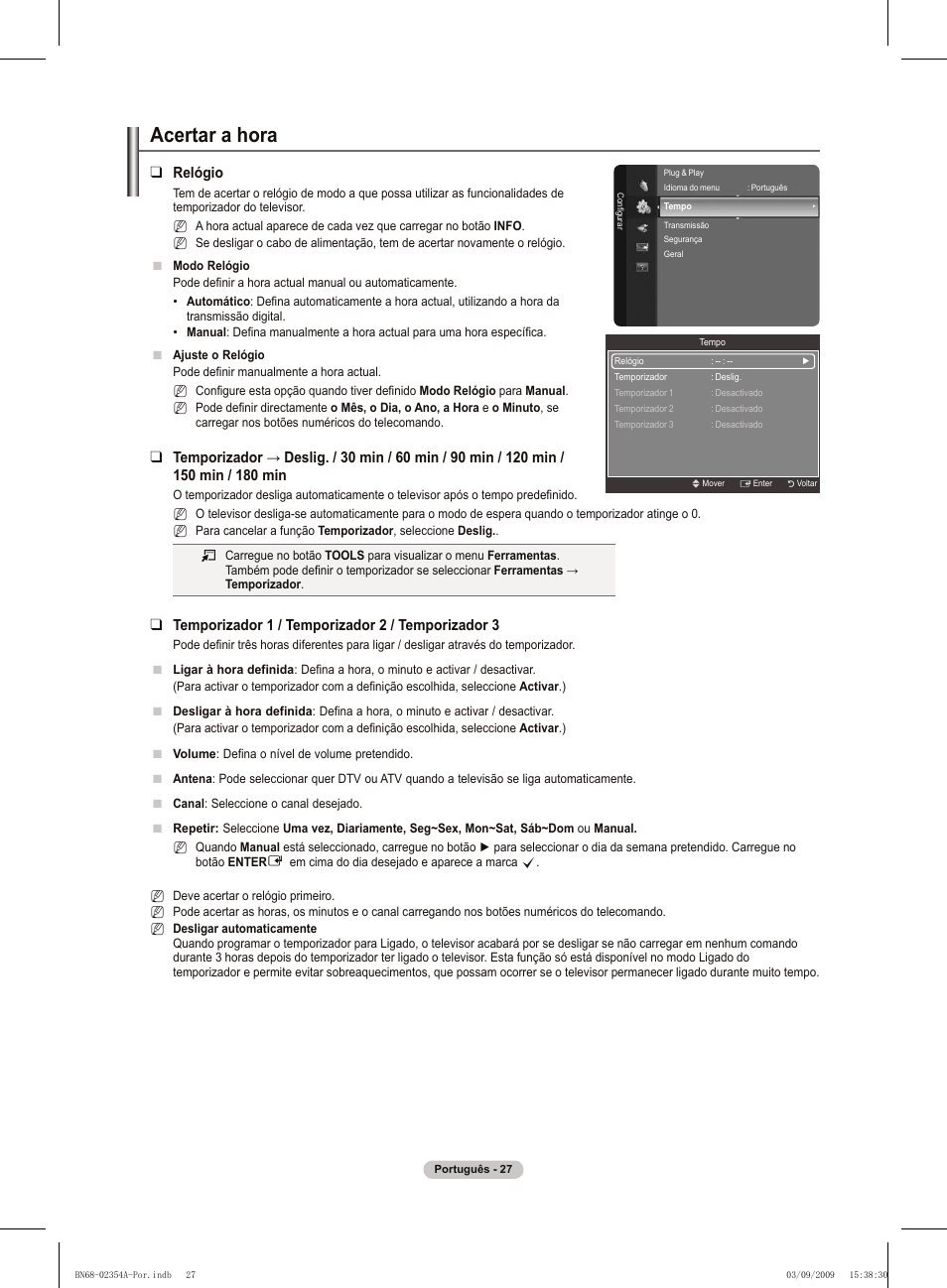 Acertar a hora, Relógio, Temporizador 1 / temporizador  / temporizador 3 | Samsung PS50B450B1W User Manual | Page 263 / 357