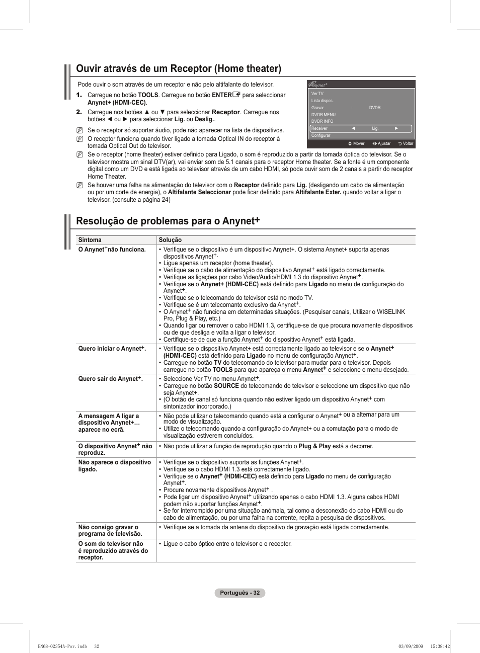 Ouvir através de um receptor (home theater), Resolução de problemas para o anynet | Samsung PS50B450B1W User Manual | Page 268 / 357