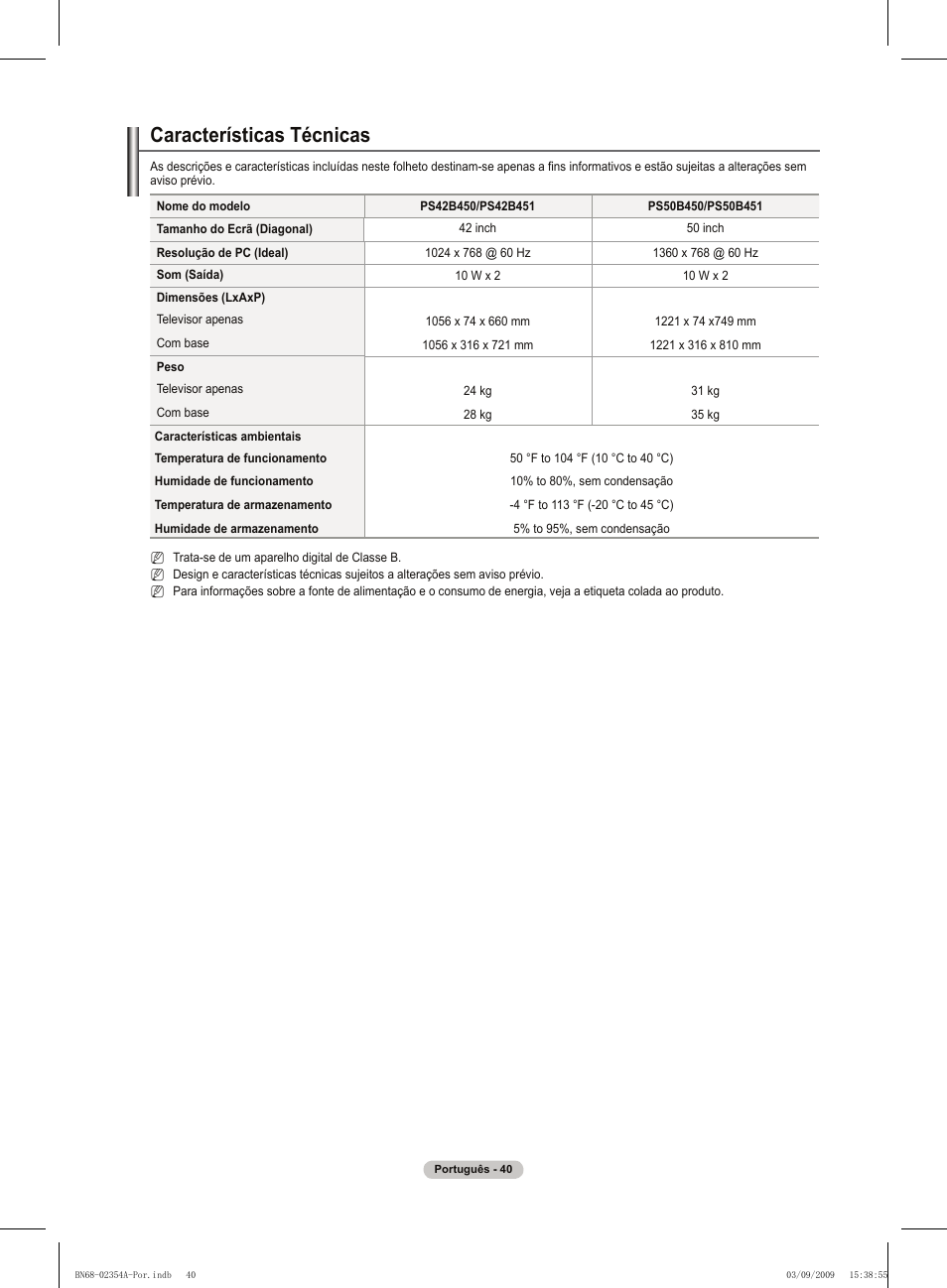 Características técnicas | Samsung PS50B450B1W User Manual | Page 276 / 357