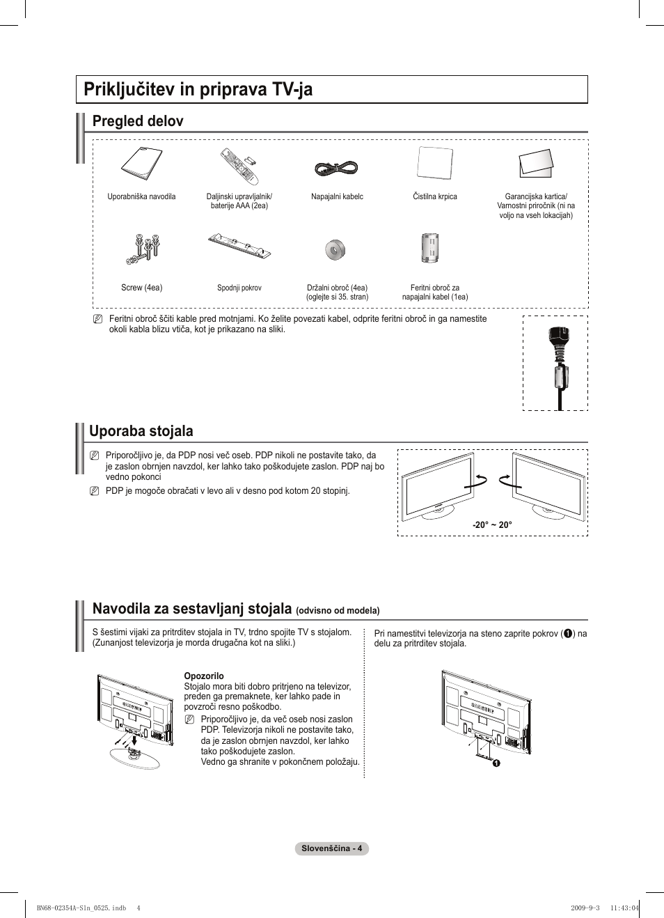 Priključitev in priprava tv-ja, Pregled delov, Uporaba stojala | Navodila za sestavljanj stojala | Samsung PS50B450B1W User Manual | Page 279 / 357