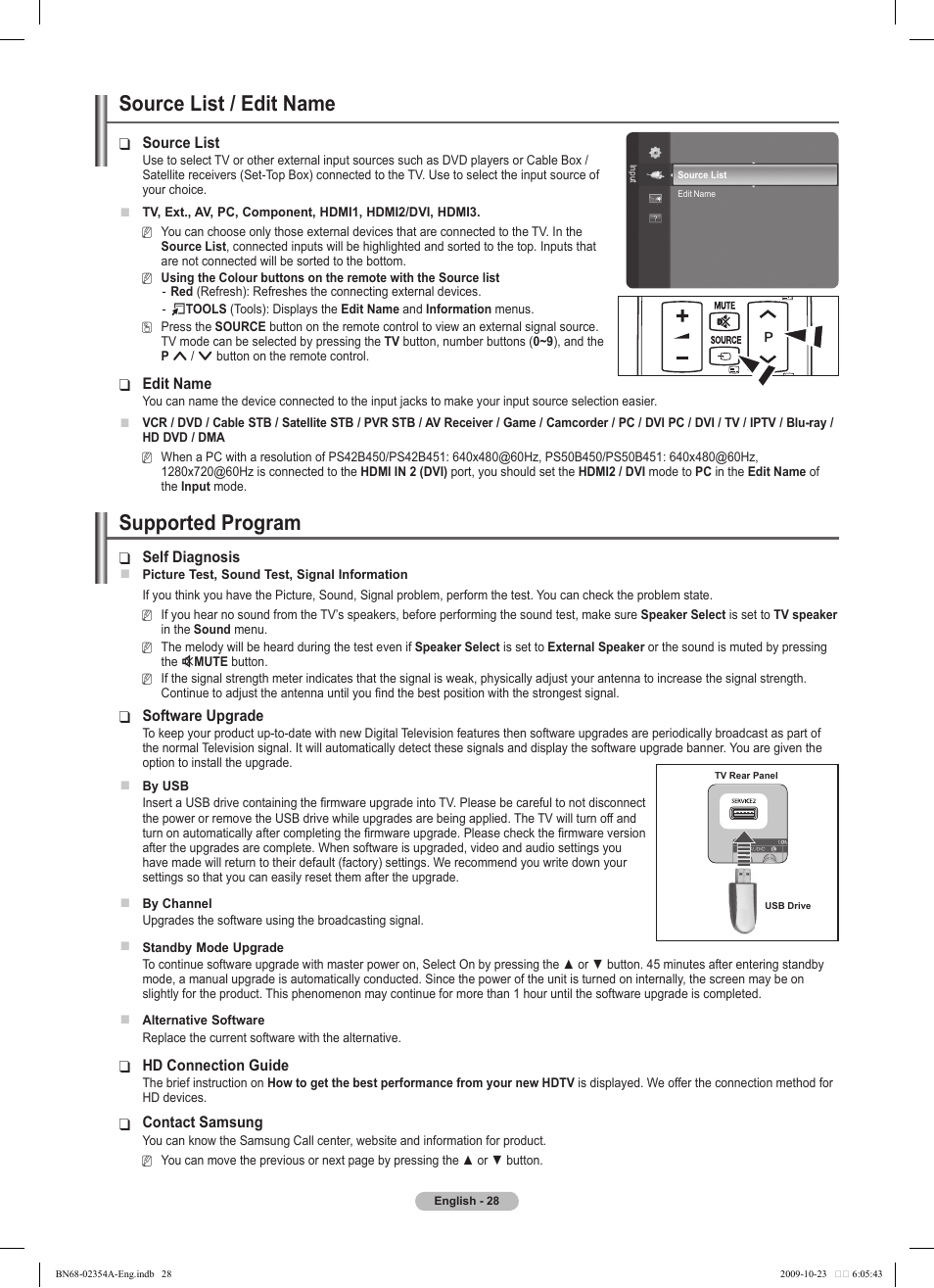 Source list / edit name, Supported program | Samsung PS50B450B1W User Manual | Page 28 / 357