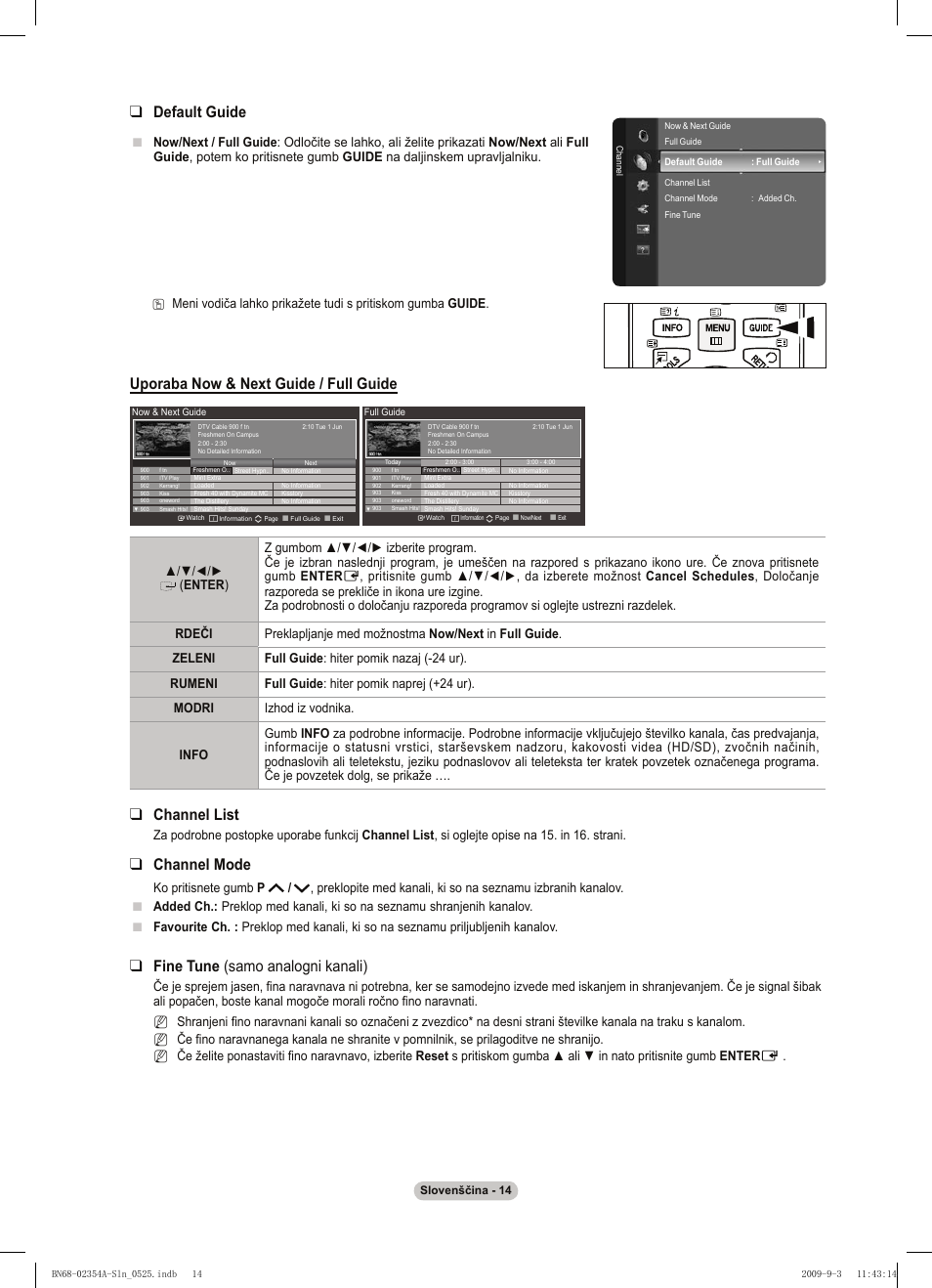 Default guide, Uporaba now & next guide / full guide, Channel list | Channel mode, Fine tune (samo analogni kanali) | Samsung PS50B450B1W User Manual | Page 289 / 357