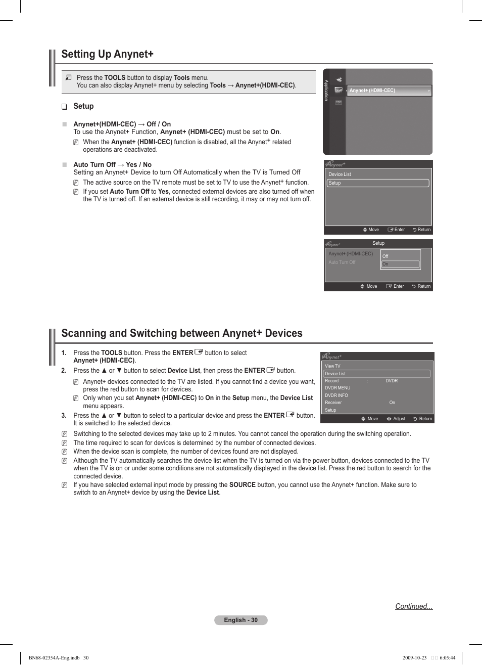Setting up anynet, Scanning and switching between anynet+ devices, Setup | Samsung PS50B450B1W User Manual | Page 30 / 357