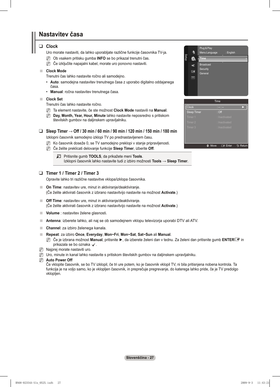 Nastavitev časa, Clock, Timer 1 / timer  / timer 3 | Samsung PS50B450B1W User Manual | Page 302 / 357