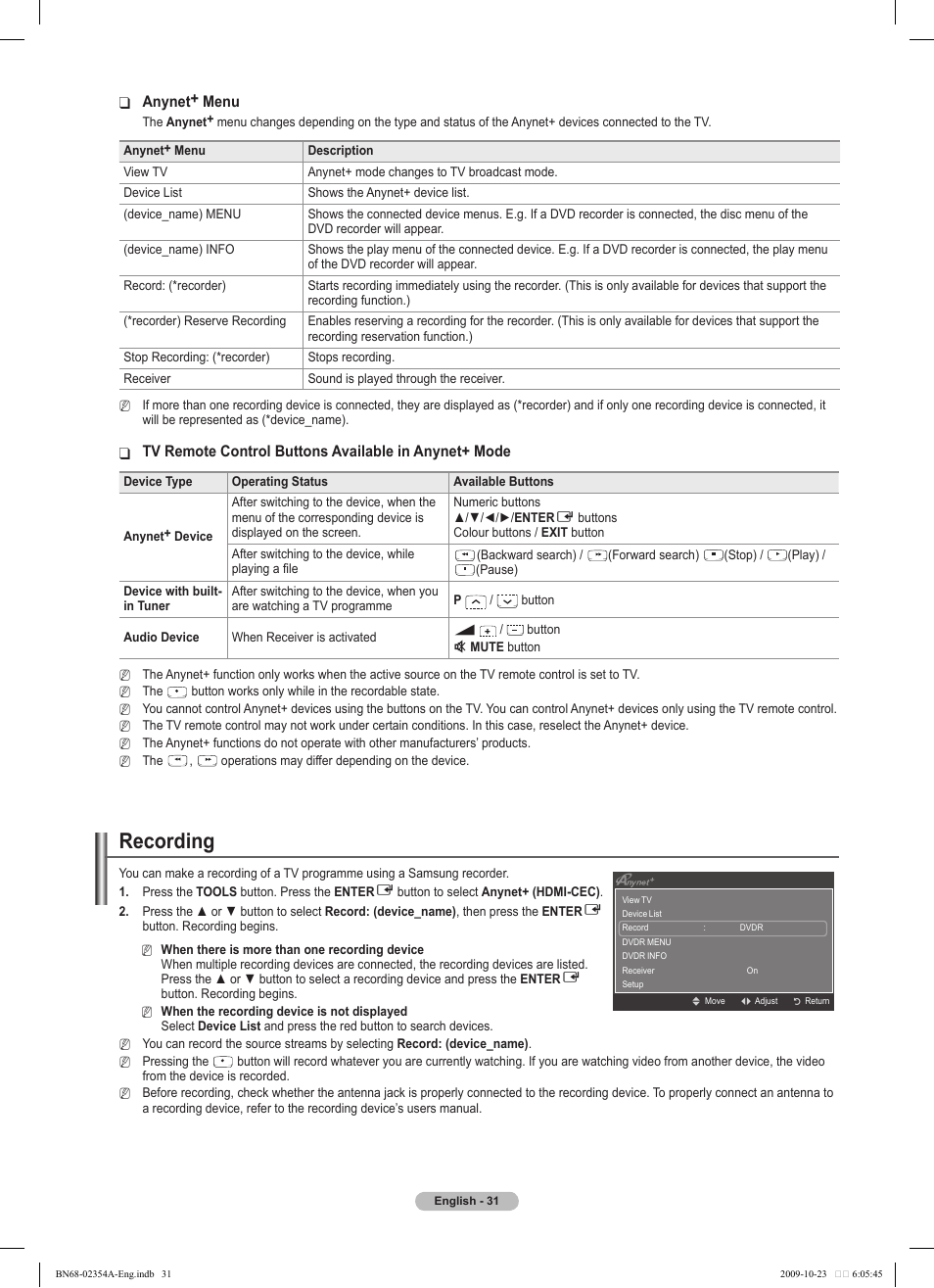 Recording | Samsung PS50B450B1W User Manual | Page 31 / 357