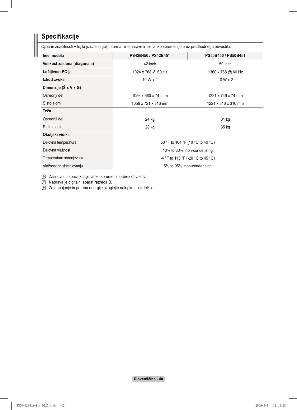 Specifikacije | Samsung PS50B450B1W User Manual | Page 315 / 357