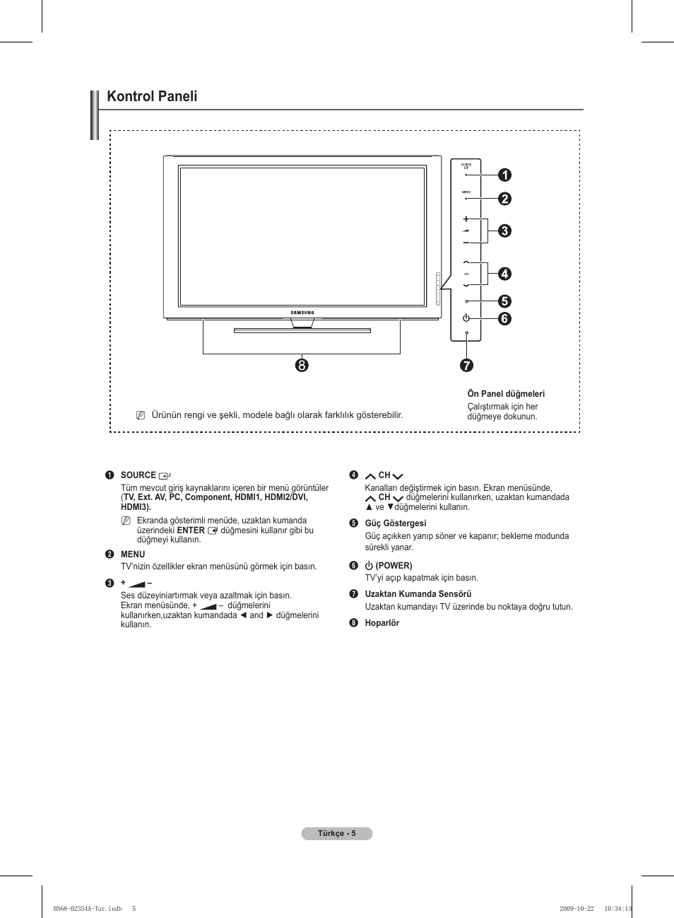 Kontrol paneli | Samsung PS50B450B1W User Manual | Page 319 / 357