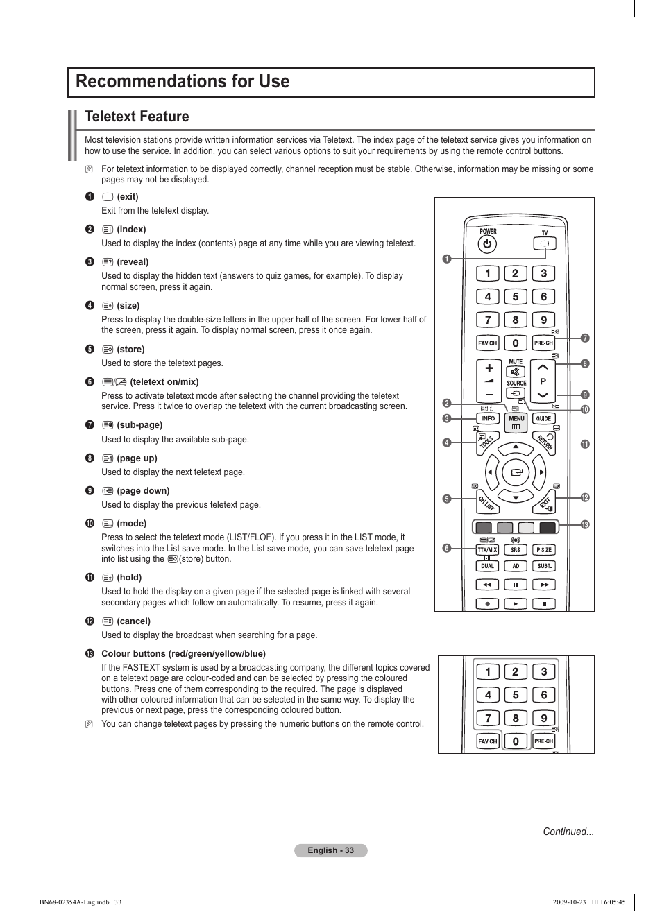 Recommendations for use, Teletext feature | Samsung PS50B450B1W User Manual | Page 33 / 357