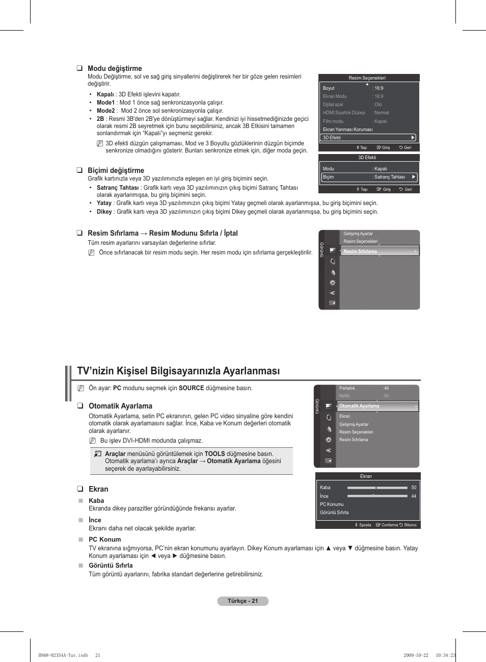 Tv’nizin kişisel bilgisayarınızla ayarlanması, Otomatik ayarlama, Ekran | Samsung PS50B450B1W User Manual | Page 335 / 357