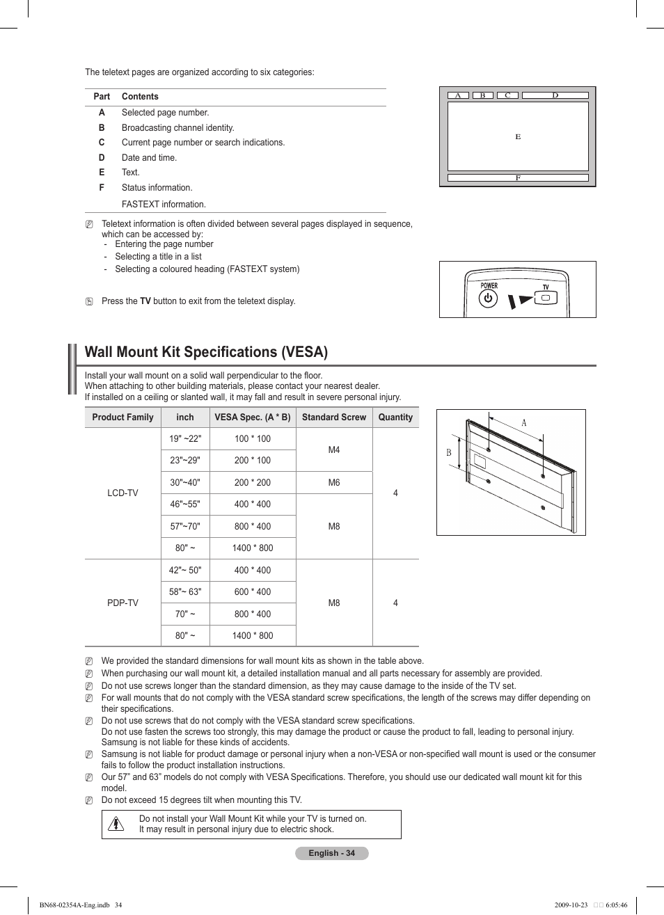 Wall mount kit specifications (vesa) | Samsung PS50B450B1W User Manual | Page 34 / 357