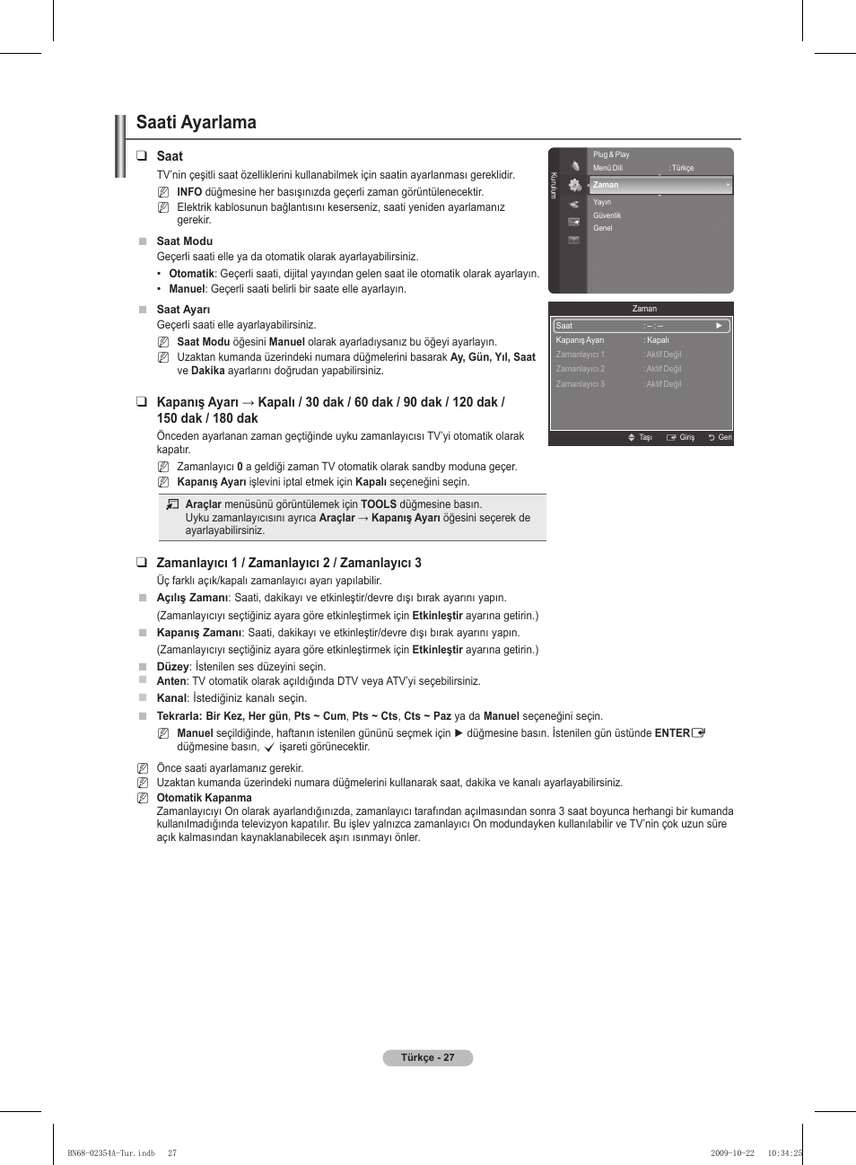 Saati ayarlama, Saat, Zamanlayıcı 1 / zamanlayıcı 2 / zamanlayıcı 3 | Samsung PS50B450B1W User Manual | Page 341 / 357
