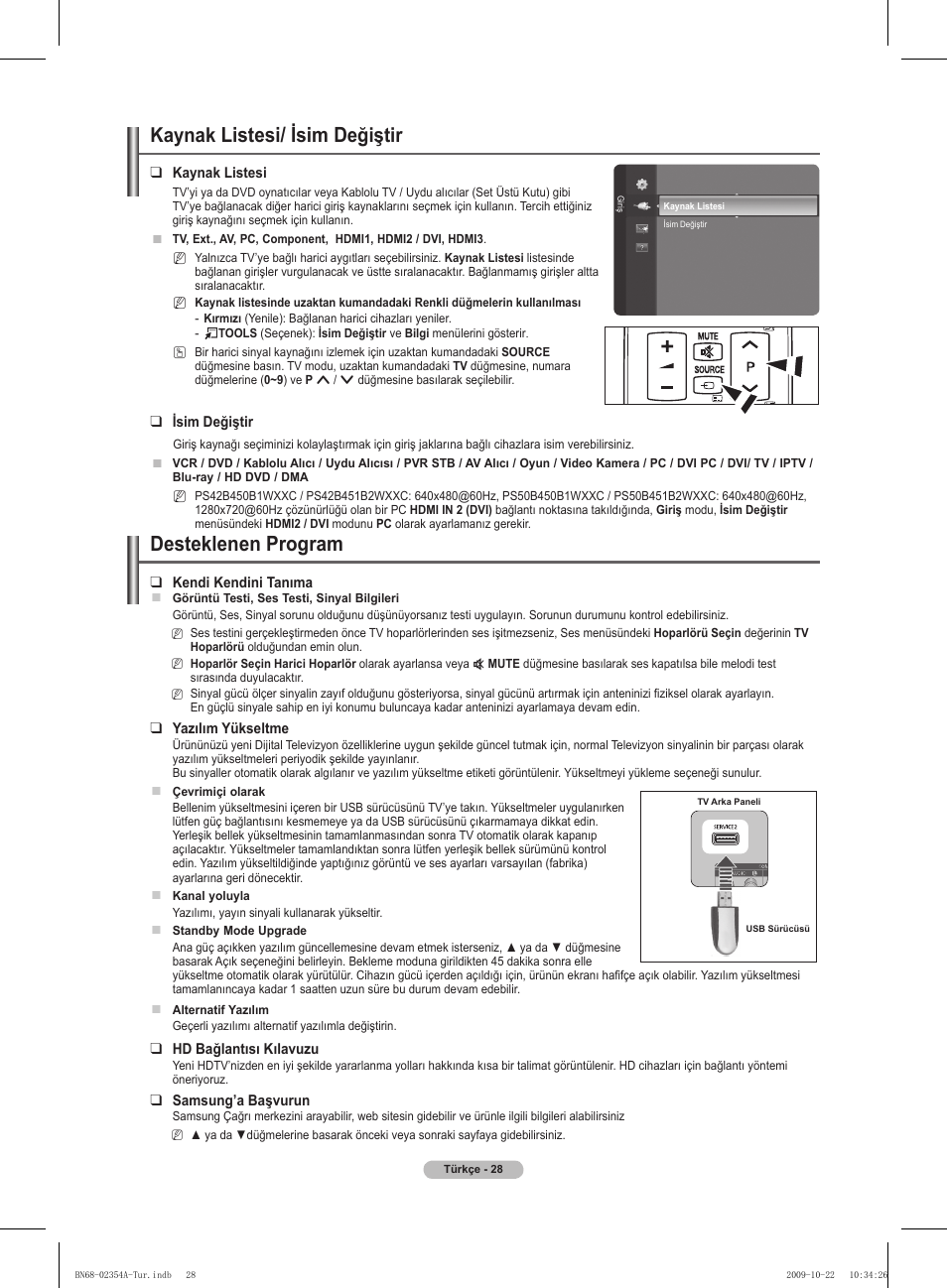 Listesi/ isim d, Desteklenen program, Kaynak | Eğiştir | Samsung PS50B450B1W User Manual | Page 342 / 357
