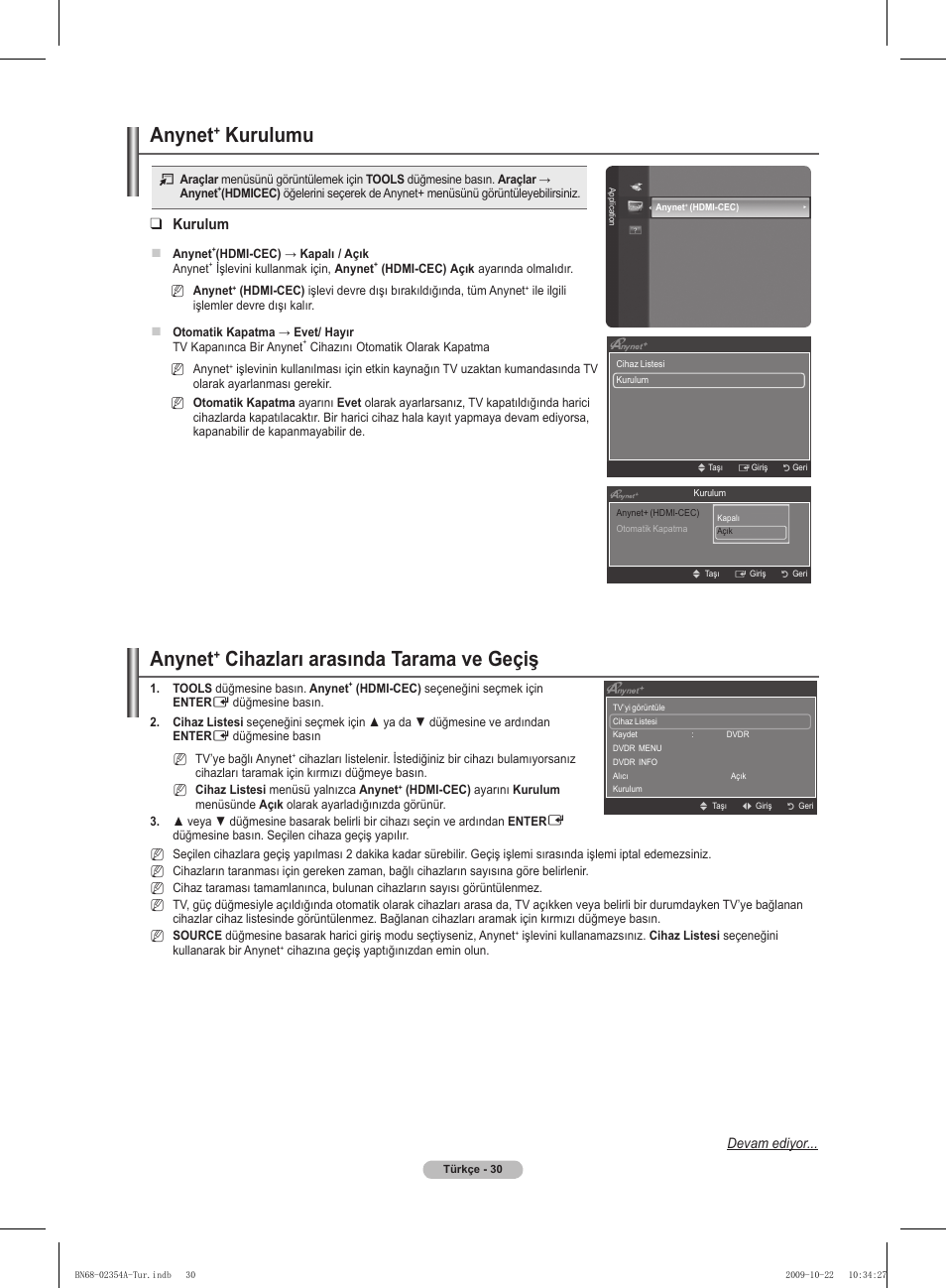 Anynet, Cihazları arasında tarama ve geçiş, Kurulumu | Kurulum, Devam ediyor | Samsung PS50B450B1W User Manual | Page 344 / 357