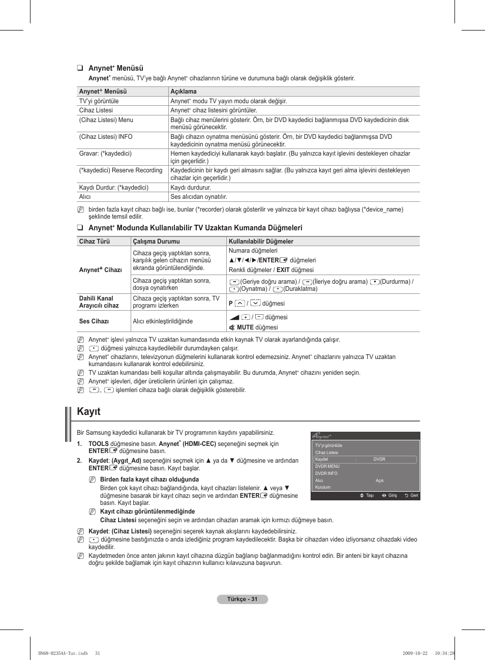 Kayıt, Anynet, Menüsü | Samsung PS50B450B1W User Manual | Page 345 / 357