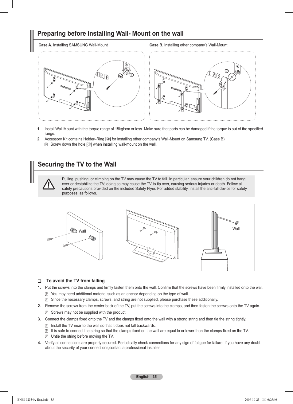 경고 주의 경고 주의, Securing the tv to the wall | Samsung PS50B450B1W User Manual | Page 35 / 357