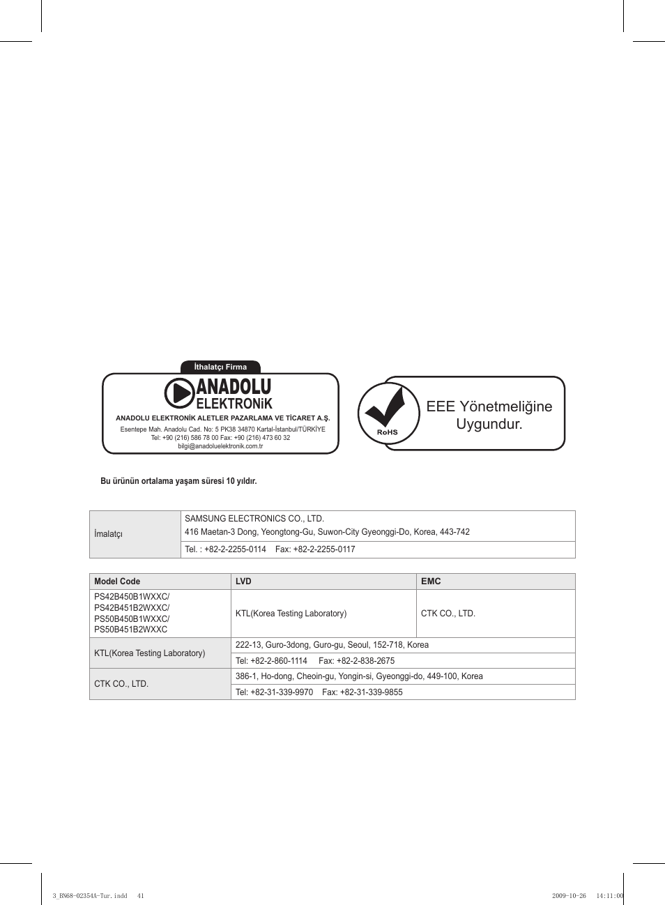 Anadolu, Eee yönetmeliğine uygundur, Elektronik | Samsung PS50B450B1W User Manual | Page 355 / 357