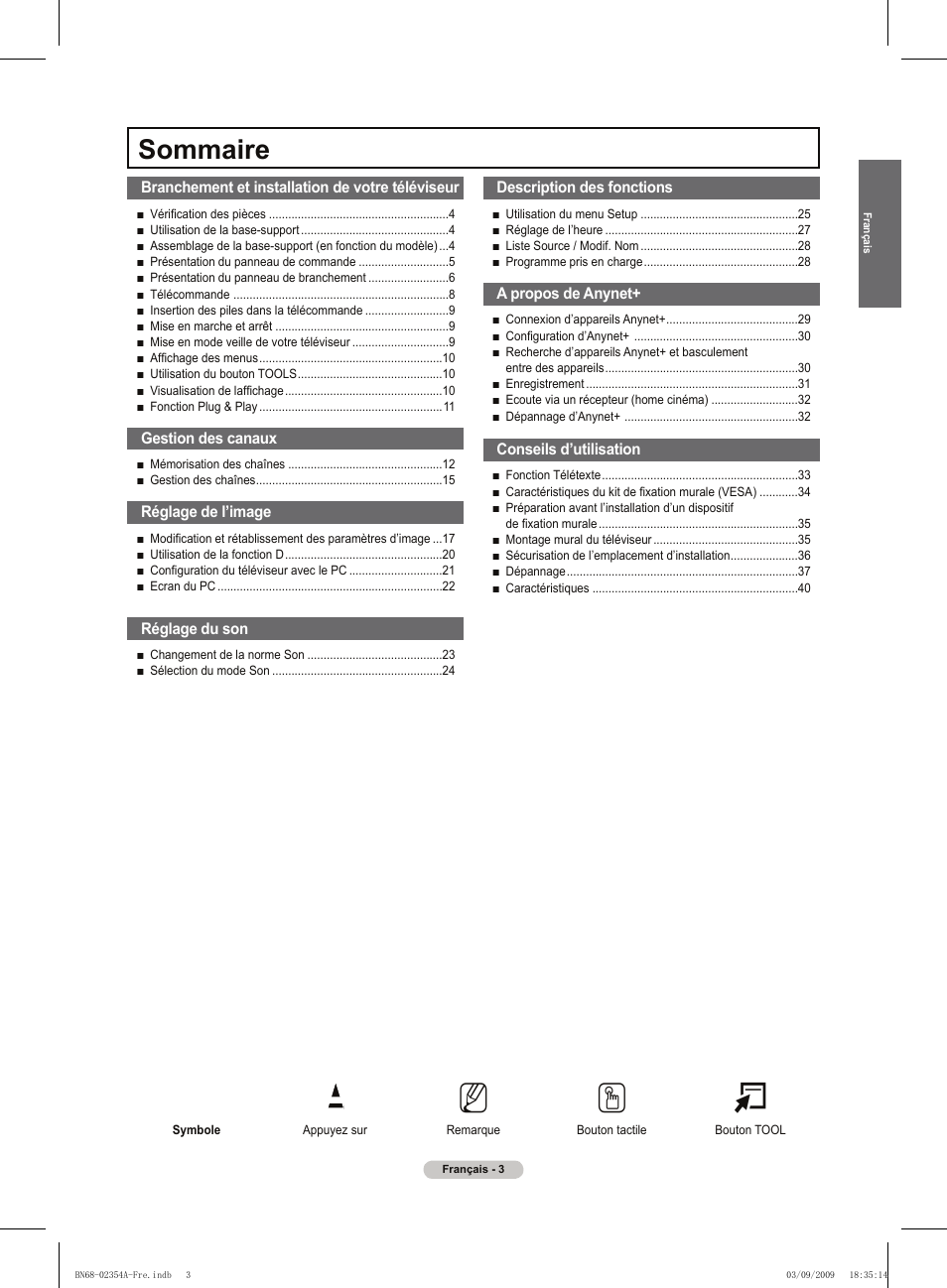 No t, Sommaire | Samsung PS50B450B1W User Manual | Page 43 / 357