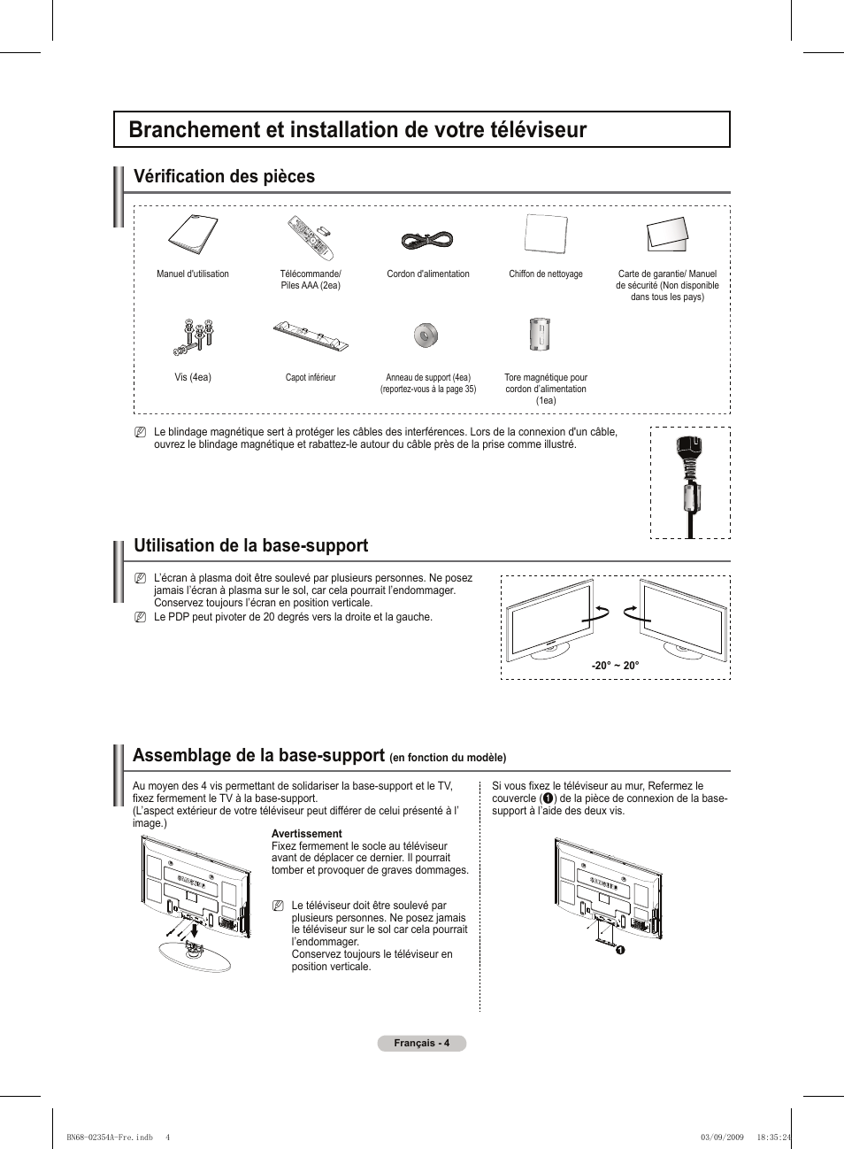 Branchement et installation de votre téléviseur, Assemblage de la base-support, Vérification des pièces | Utilisation de la base-support | Samsung PS50B450B1W User Manual | Page 44 / 357