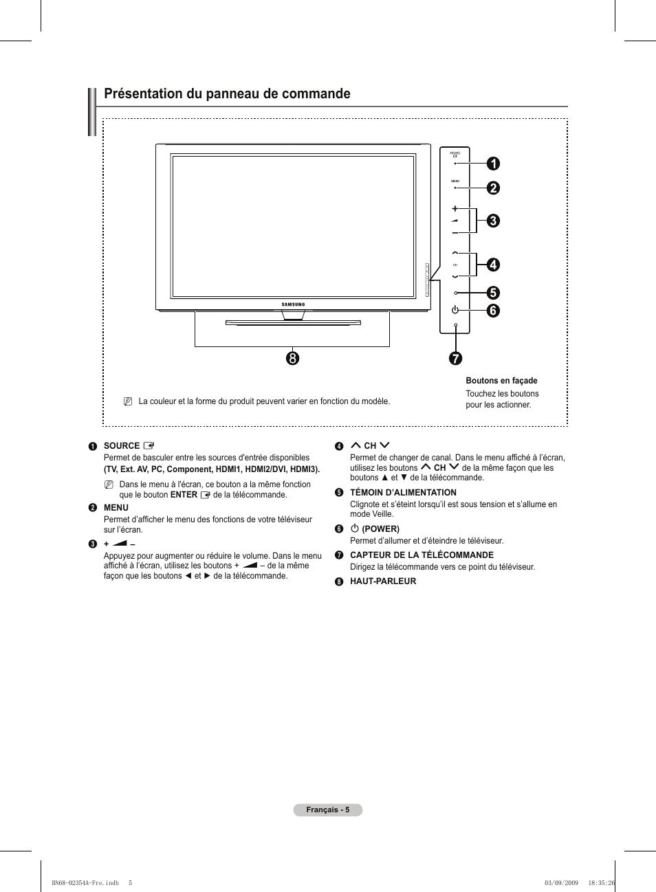 Présentation du panneau de commande | Samsung PS50B450B1W User Manual | Page 45 / 357