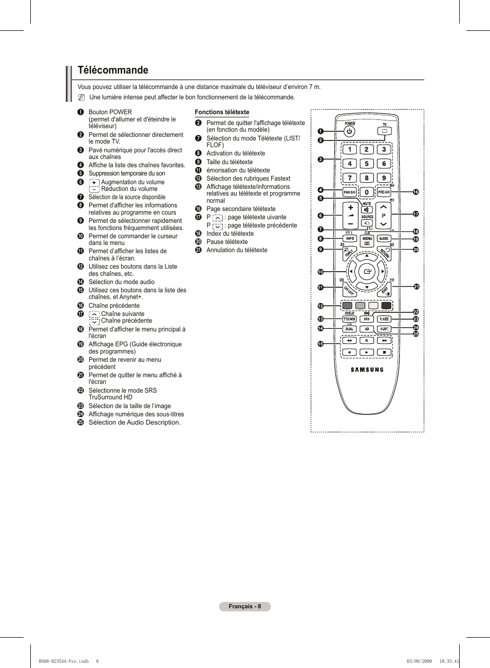 Télécommande | Samsung PS50B450B1W User Manual | Page 48 / 357