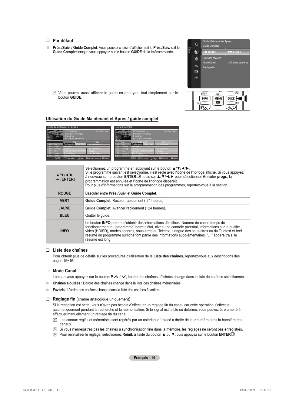 Par défaut, Liste des chaînes, Mode canal | Réglage fin | Samsung PS50B450B1W User Manual | Page 54 / 357