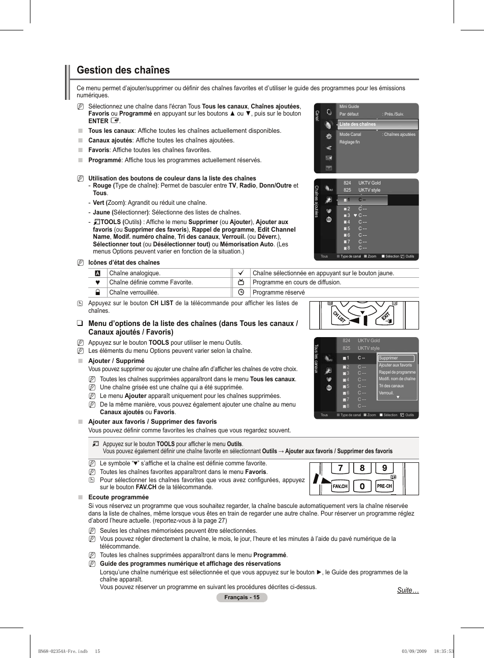 Gestion des chaînes, Suite | Samsung PS50B450B1W User Manual | Page 55 / 357