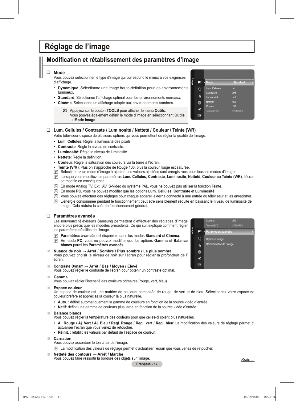 Réglage de l’image, Mode, Paramètres avancés | Samsung PS50B450B1W User Manual | Page 57 / 357