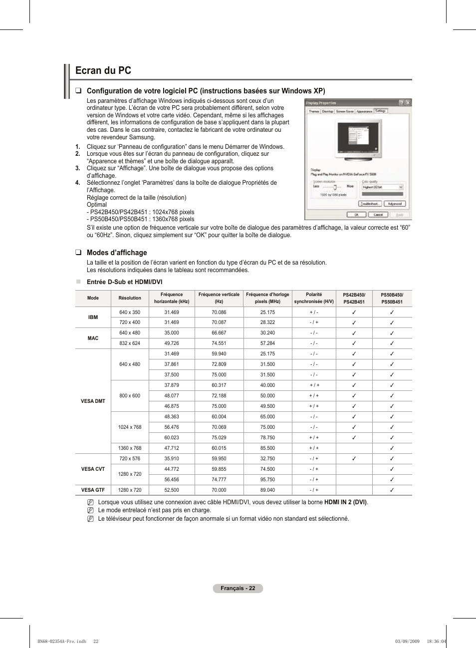Ecran du pc, Modes d’affichage | Samsung PS50B450B1W User Manual | Page 62 / 357