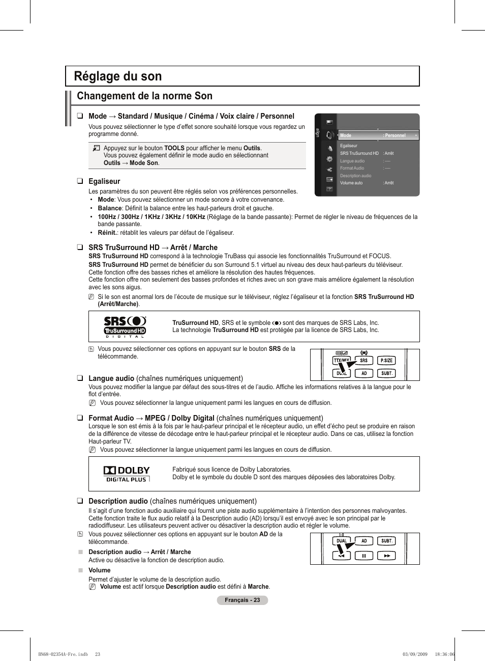Réglage du son, Changement de la norme son | Samsung PS50B450B1W User Manual | Page 63 / 357