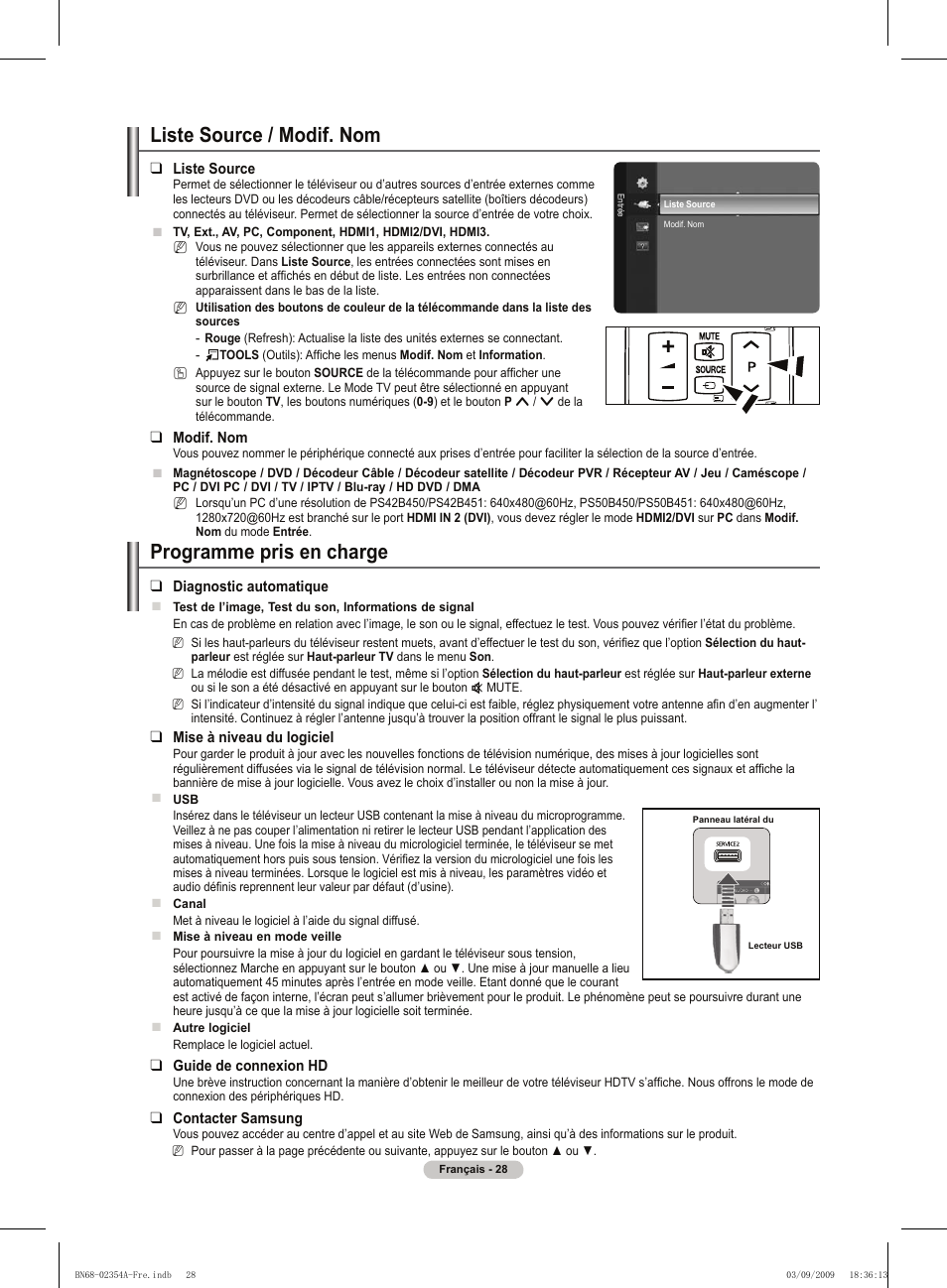Liste source / modif. nom, Programme pris en charge | Samsung PS50B450B1W User Manual | Page 68 / 357
