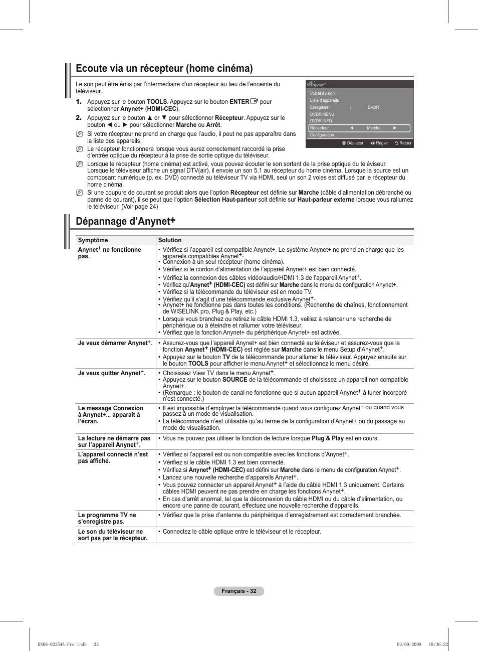 Ecoute via un récepteur (home cinéma), Dépannage d’anynet | Samsung PS50B450B1W User Manual | Page 72 / 357