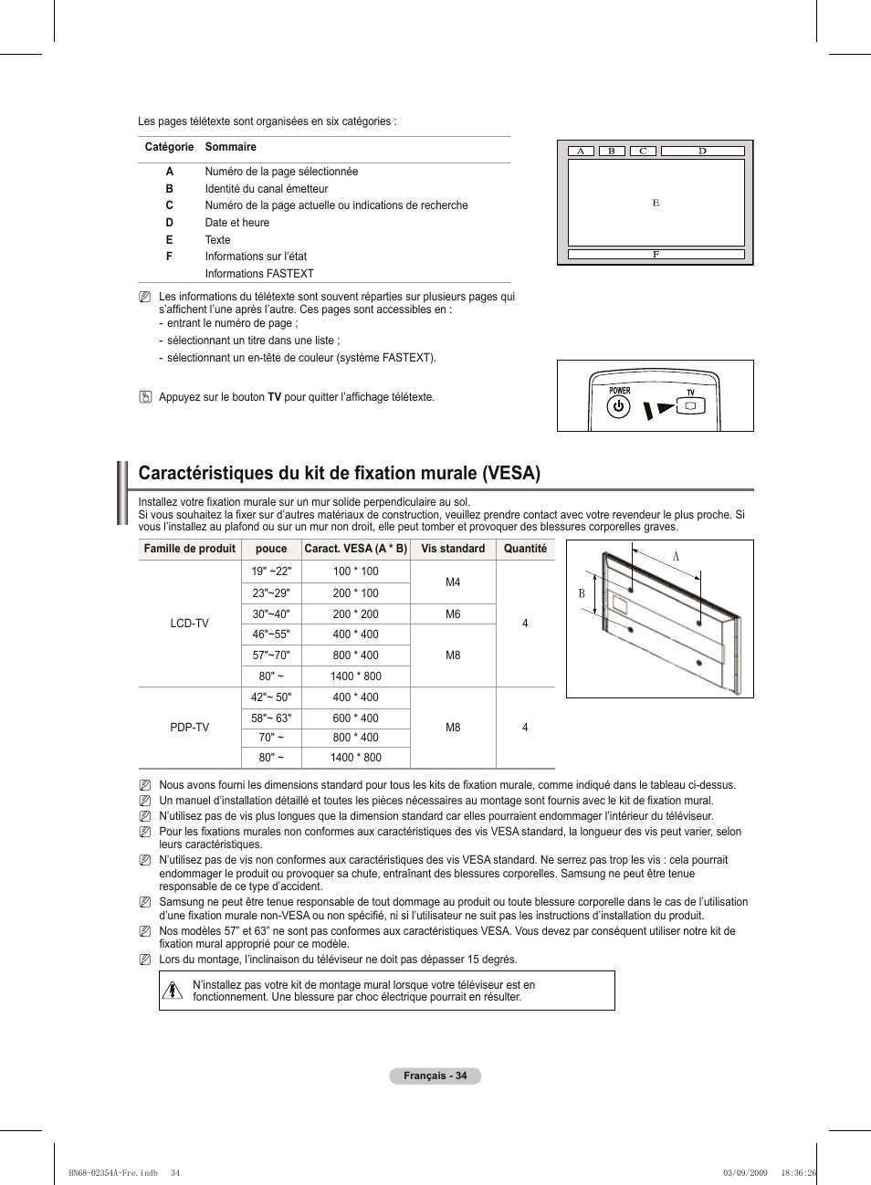 Caractéristiques du kit de fixation murale (vesa) | Samsung PS50B450B1W User Manual | Page 74 / 357