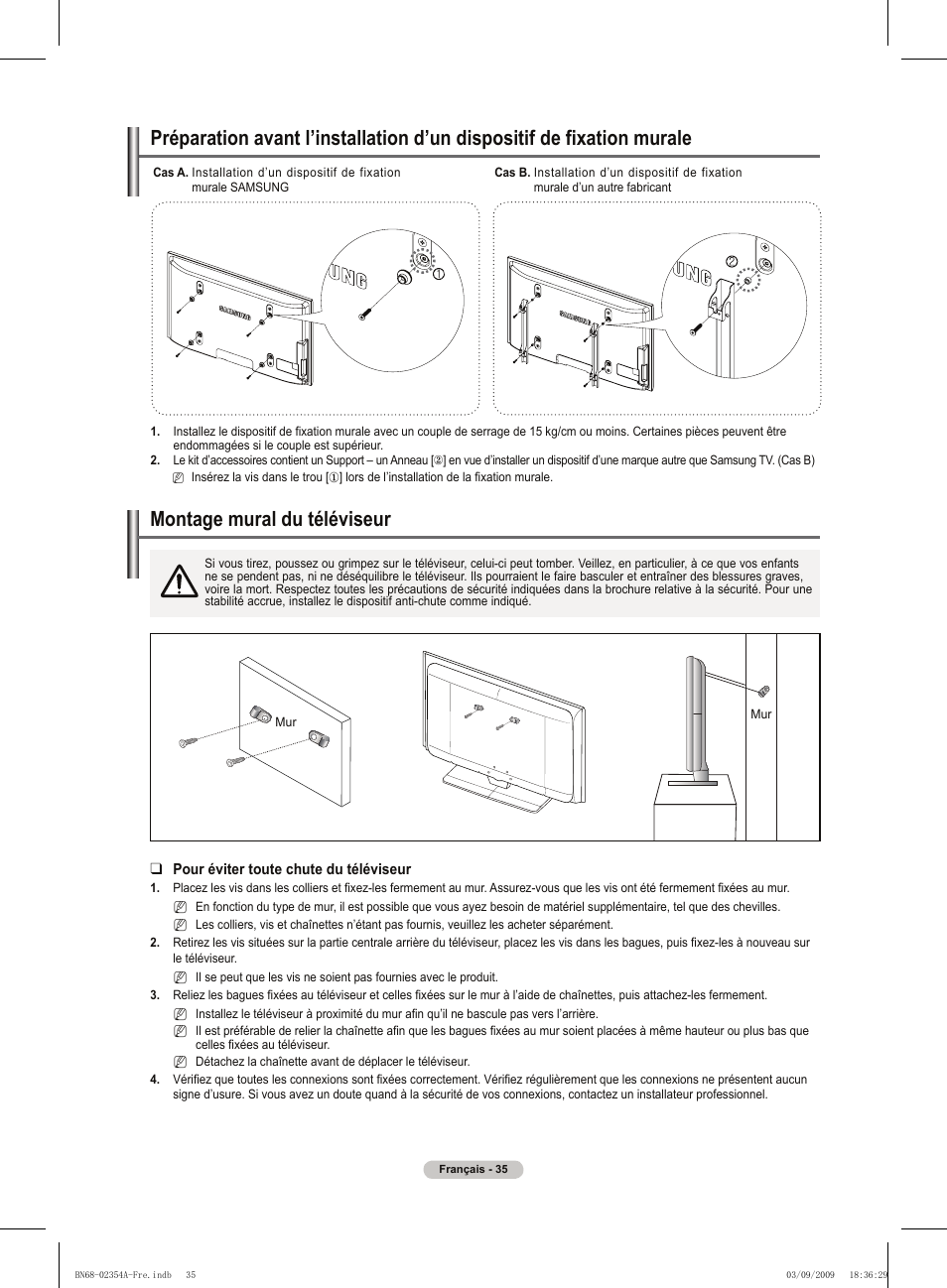 경고 주의 경고 주의, Montage mural du téléviseur | Samsung PS50B450B1W User Manual | Page 75 / 357