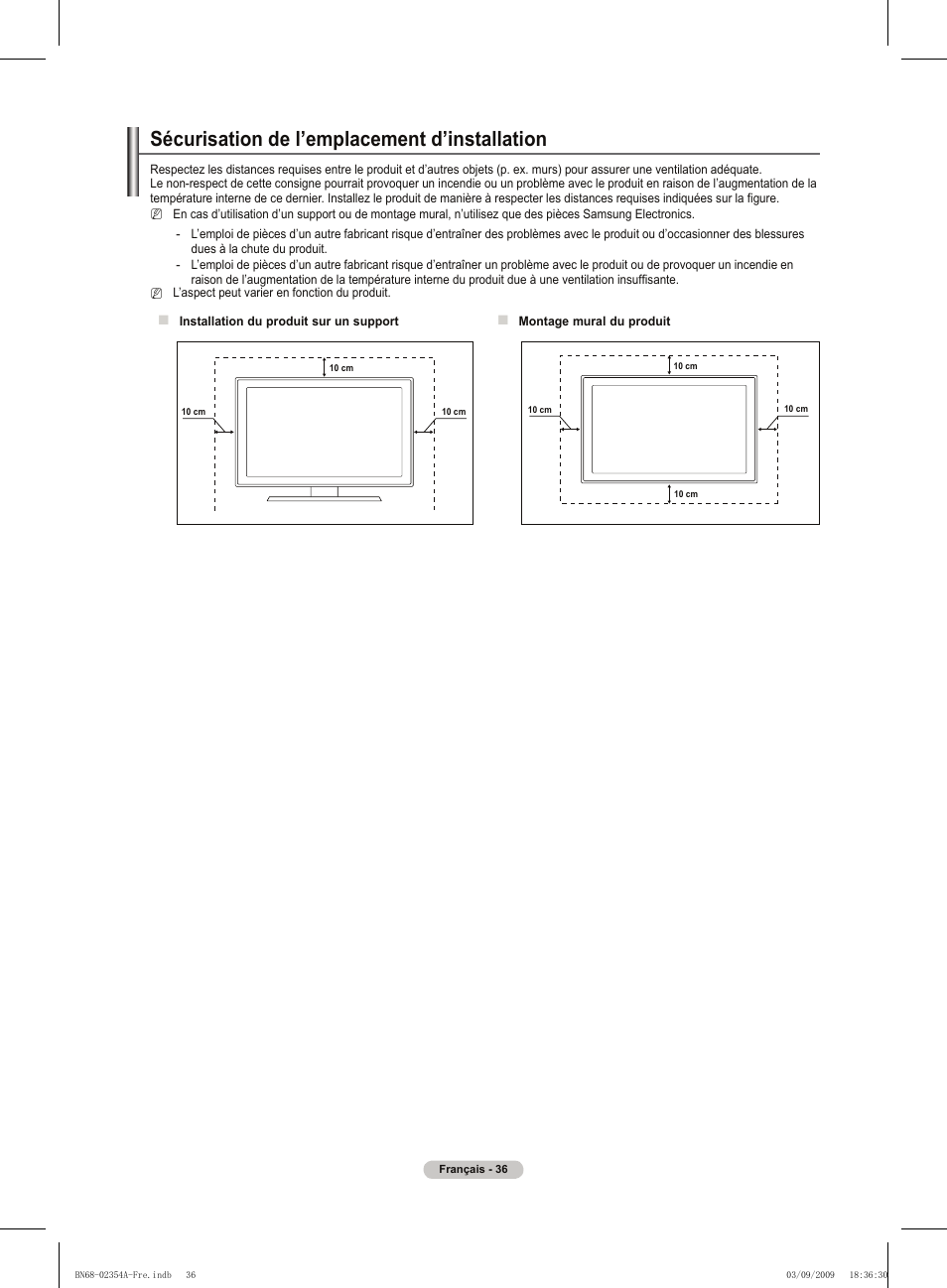 Sécurisation de l’emplacement d’installation | Samsung PS50B450B1W User Manual | Page 76 / 357