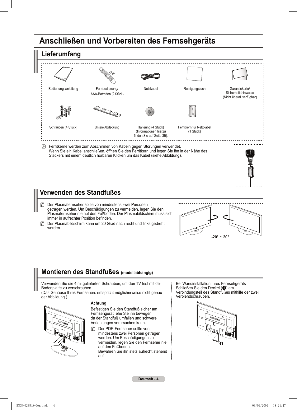 Anschließen und vorbereiten des fernsehgeräts, Lieferumfang, Verwenden des standfußes | Montieren des standfußes | Samsung PS50B450B1W User Manual | Page 83 / 357