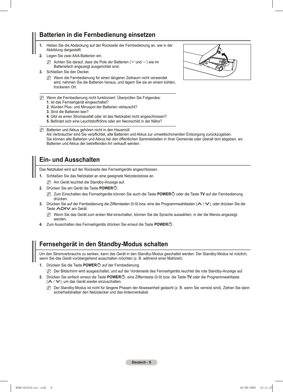 Batterien in die fernbedienung einsetzen, Ein- und ausschalten, Fernsehgerät in den standby-modus schalten | Samsung PS50B450B1W User Manual | Page 88 / 357