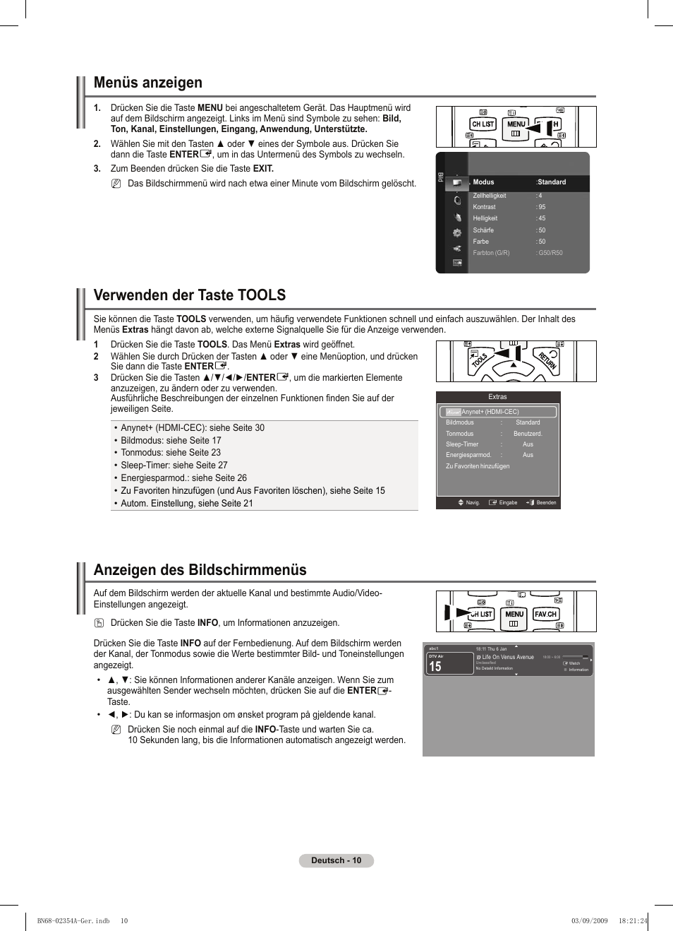 Menüs anzeigen, Verwenden der taste tools, Anzeigen des bildschirmmenüs | Samsung PS50B450B1W User Manual | Page 89 / 357