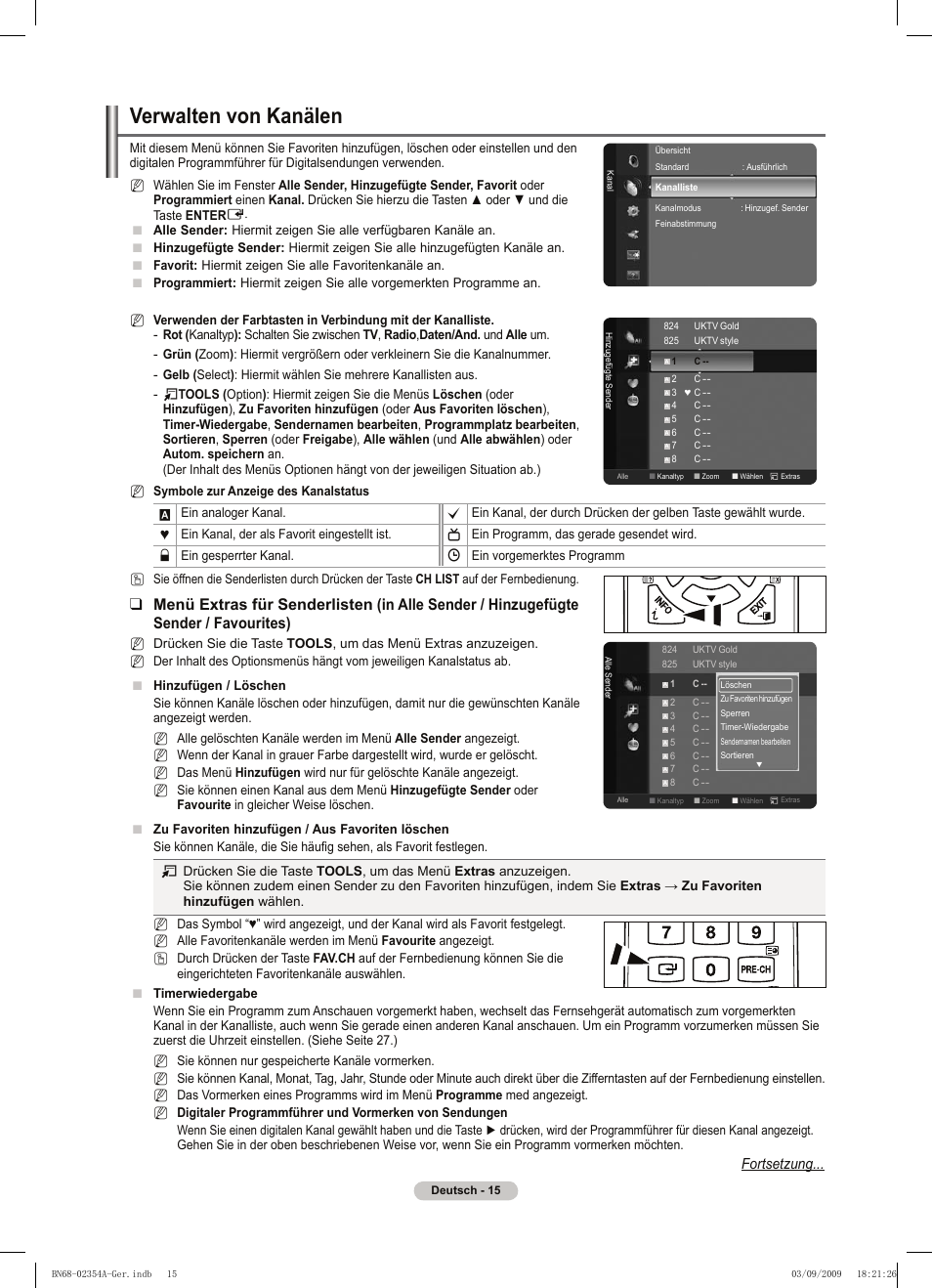 Verwalten von kanälen, Fortsetzung | Samsung PS50B450B1W User Manual | Page 94 / 357