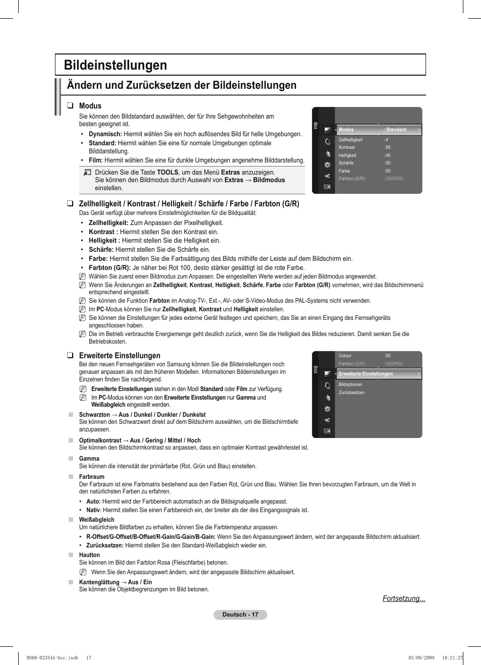 Bildeinstellungen, Ändern und zurücksetzen der bildeinstellungen, Modus | Erweiterte einstellungen | Samsung PS50B450B1W User Manual | Page 96 / 357