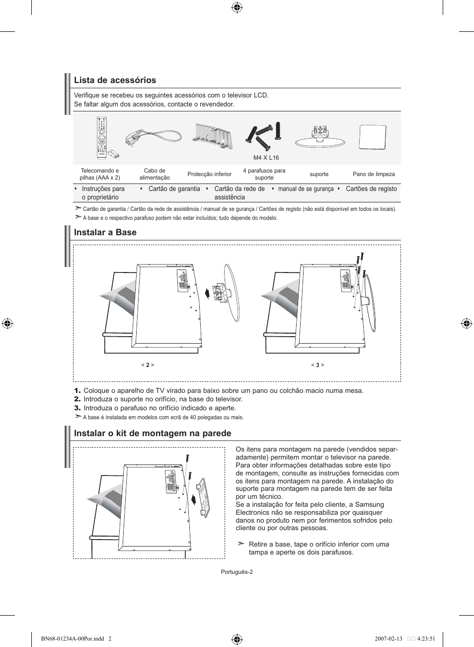 Lista de acessórios, Instalar a base, Instalar o kit de montagem na parede | Samsung LE40S61B User Manual | Page 134 / 187