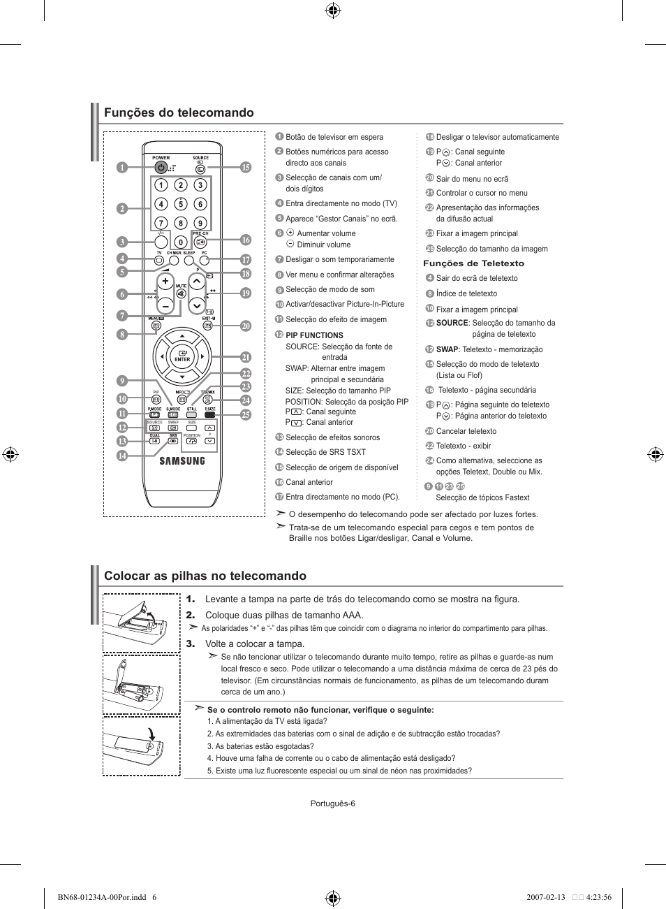Colocar as pilhas no telecomando, Funções do telecomando | Samsung LE40S61B User Manual | Page 138 / 187
