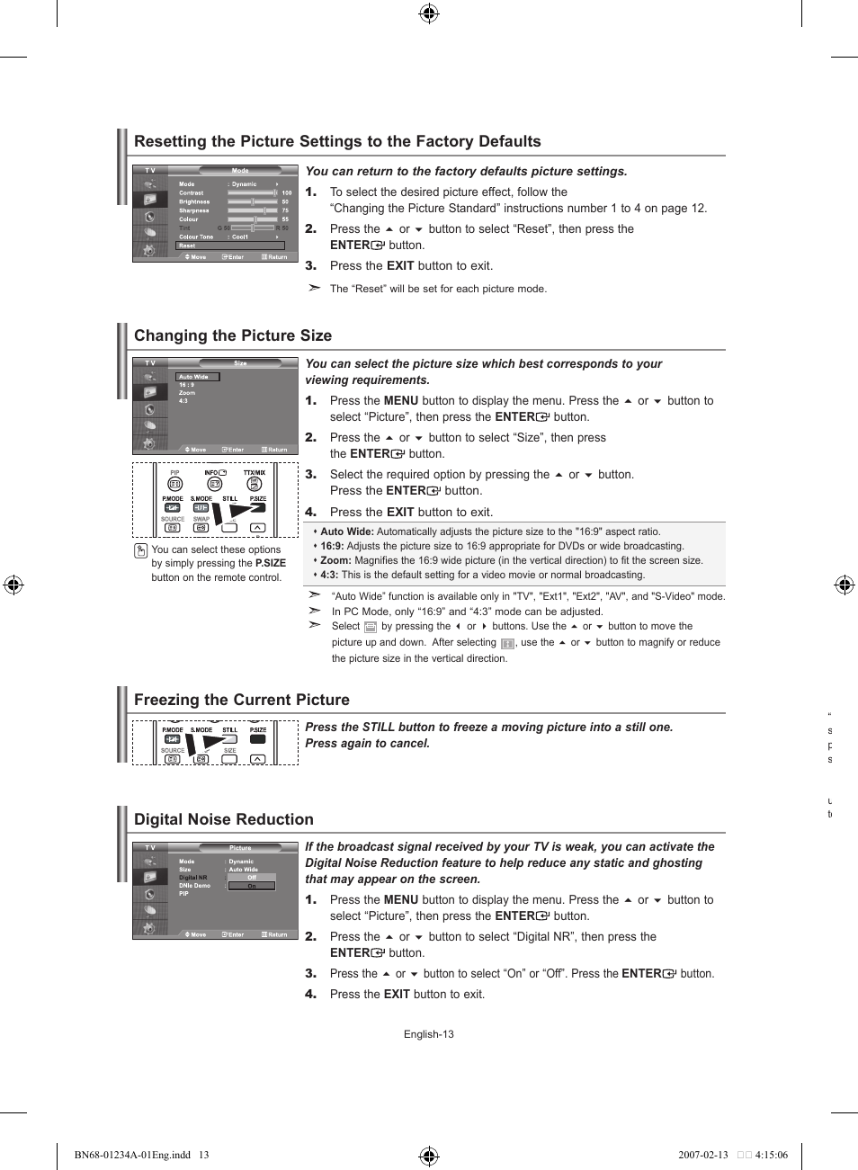 Changing the picture size, Freezing the current picture, Digital noise reduction | Samsung LE40S61B User Manual | Page 15 / 187