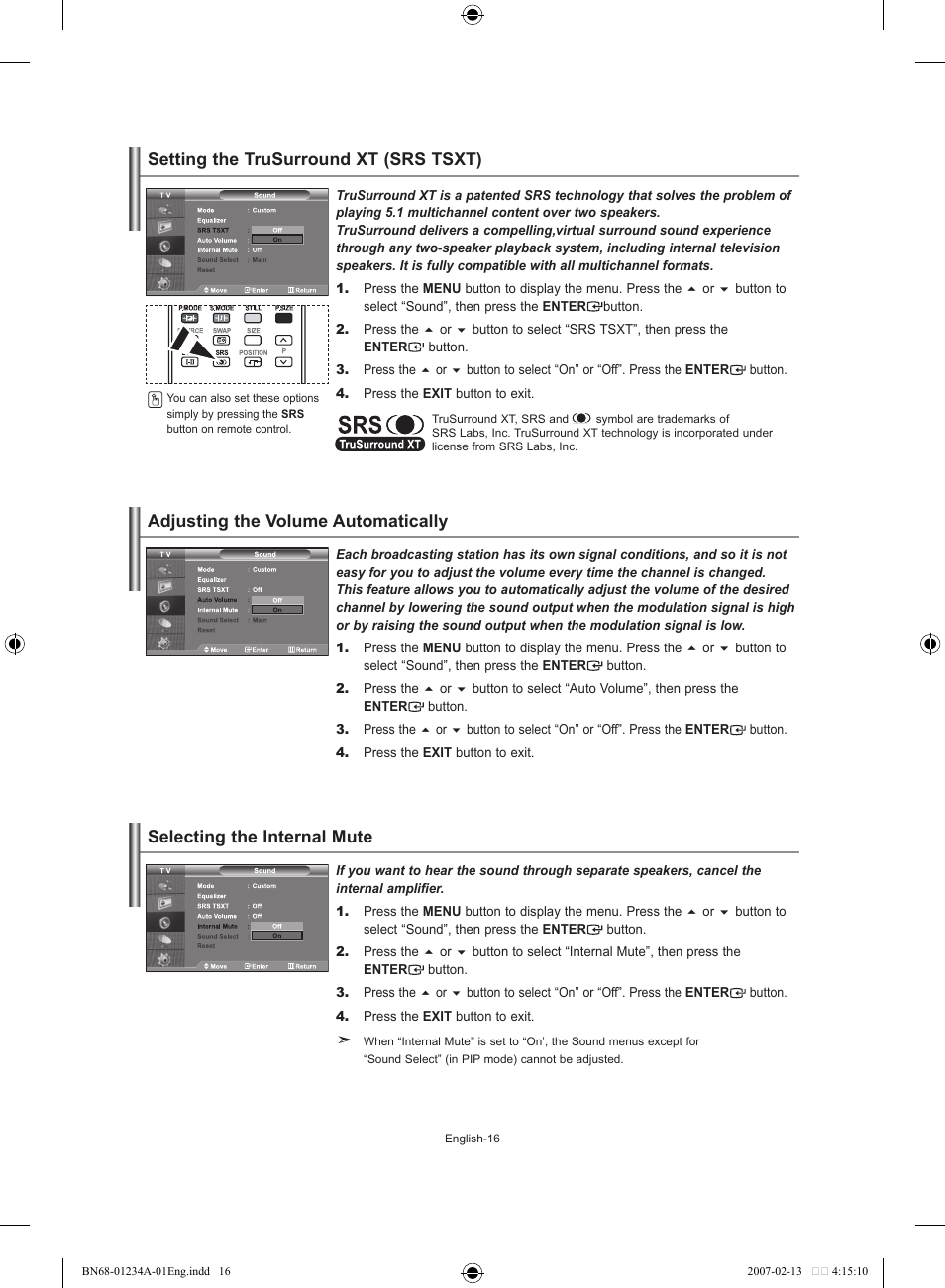 Setting the trusurround xt (srs tsxt), Adjusting the volume automatically, Selecting the internal mute | Samsung LE40S61B User Manual | Page 18 / 187
