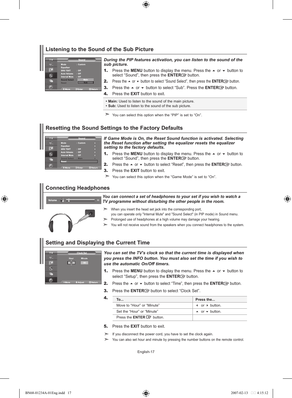 Listening to the sound of the sub picture, Connecting headphones, Setting the time | Setting and displaying the current time | Samsung LE40S61B User Manual | Page 19 / 187
