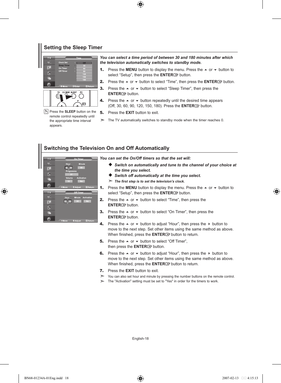 Setting the sleep timer, Switching the television on and off automatically | Samsung LE40S61B User Manual | Page 20 / 187