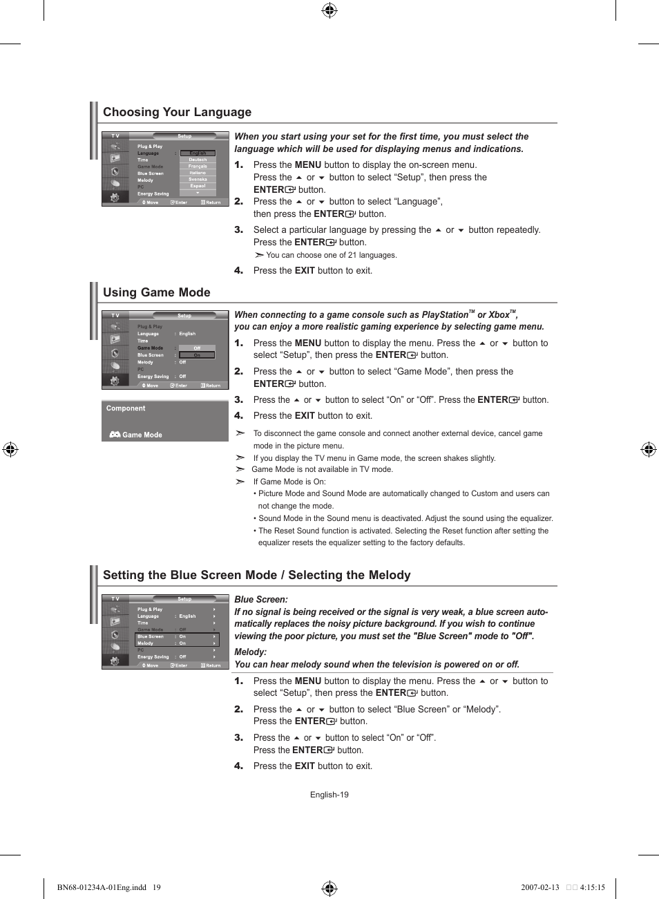 Setting the others, Choosing your language, Using game mode | Using game mode choosing your language | Samsung LE40S61B User Manual | Page 21 / 187