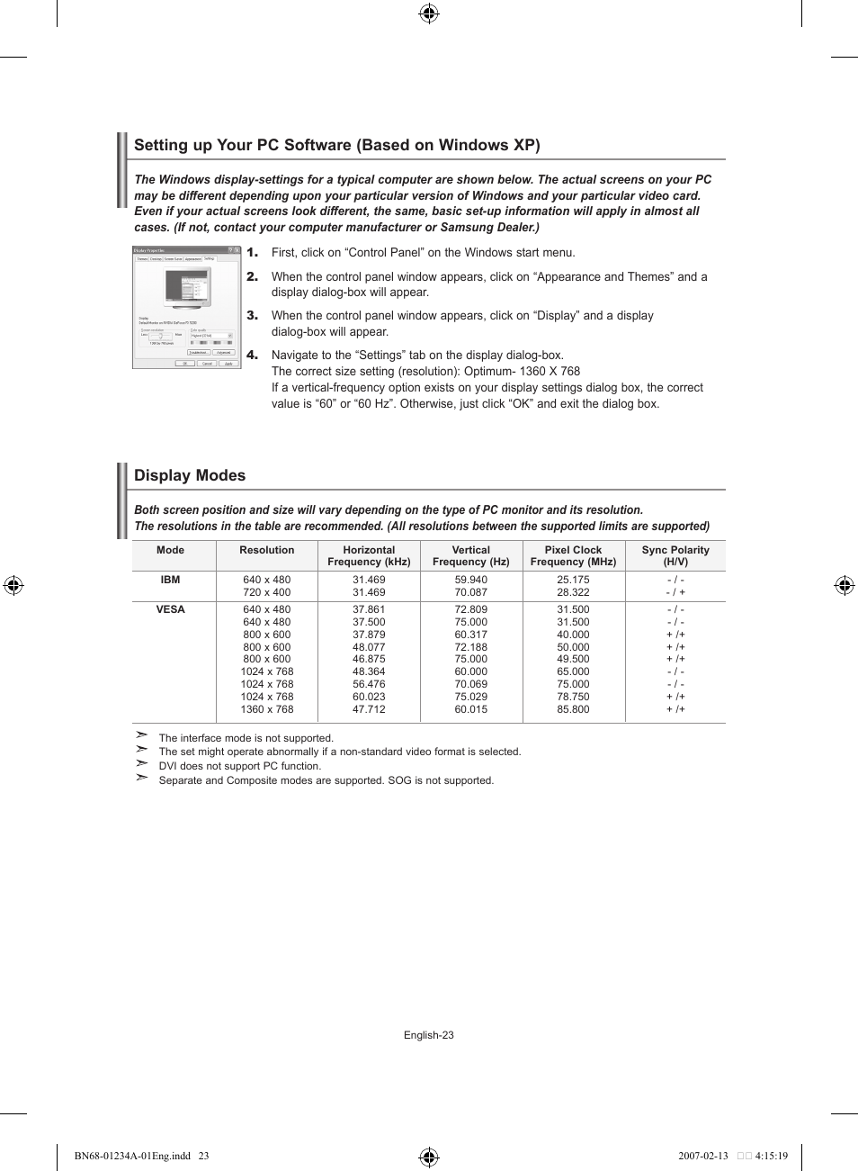 Setting the pc, Setting up your pc software (based on windows xp), Display modes | Samsung LE40S61B User Manual | Page 25 / 187