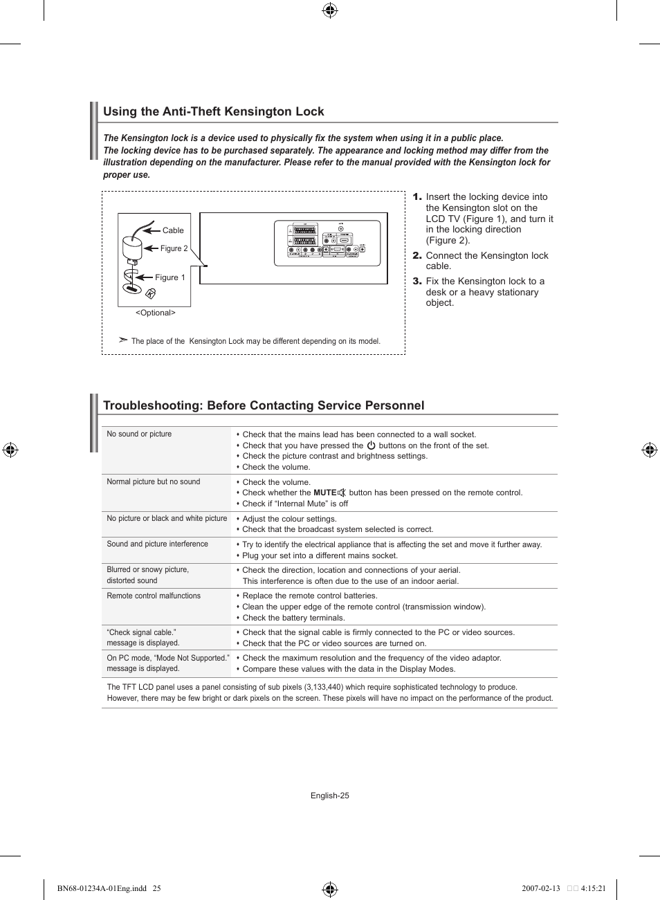 Recommendations for use, Using the anti-theft kensington lock | Samsung LE40S61B User Manual | Page 27 / 187